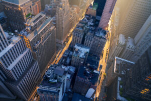 Aerial view of New York city streets at sunrise - postcard style NYC