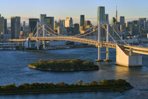 suspension bridge and Tokyo's skyline