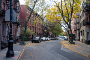 downtown greenwich Village manhattan new york city street and brown stone neighborhood