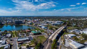 Lakeland, FL, USA - 02-23-2025:  Winter aerial image of the City of Lakeland, FL, Munn Park Historic District.