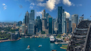 5 February 2026 Aerial View of Sydney Harbour Circular Quay cruise Liner on a nice Summer day beautiful Sky in Sydney NSW Australia
