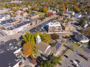Town Hall and Historic building aerial view in Needham, Massachusetts, USA.
