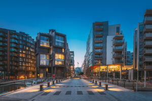 Oslo, Norway. Night View Of Residential Multi-storey Houses In Aker Brygge District. Summer Evening. Residential Area. Famous And Popular Place