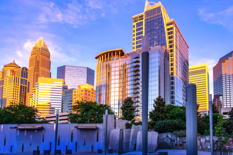 Skyline of Financial district in Charlotte, NC. Uptown Charlotte in NC is famous for financial. The view from Romare Bearden Park.