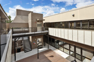 School university campus buildings, stairways, and walkways