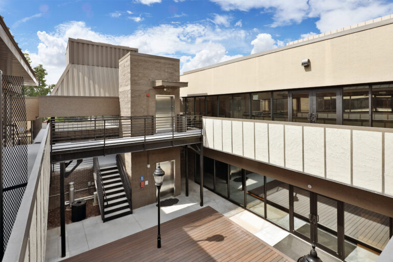 School university campus buildings, stairways, and walkways