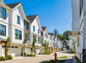 New Modern Apartment Buildings in Vancouver BC. Architectural details of modern apartment building in sunny day