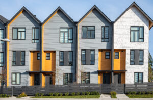 New residential townhouses. Modern apartment buildings in British Columbia Canada. Modern complex of apartment buildings