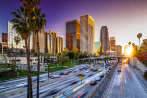 Los Angeles downtown skyline sunset buildings highway