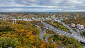 Fall afternoon aerial photo over Interstate 87, 287,  Tarrytown, NY in Westchester County.