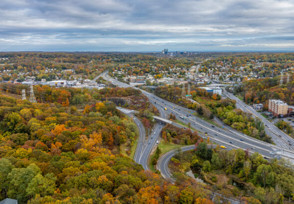Fall afternoon aerial photo over Interstate 87, 287,  Tarrytown, NY in Westchester County.
