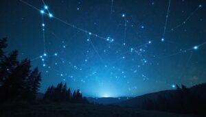 Abstract night sky with bright constellations and glowing lines over dark forest hills. Futuristic digital map connects stars for cosmic exploration or science. Light shines on horizon.