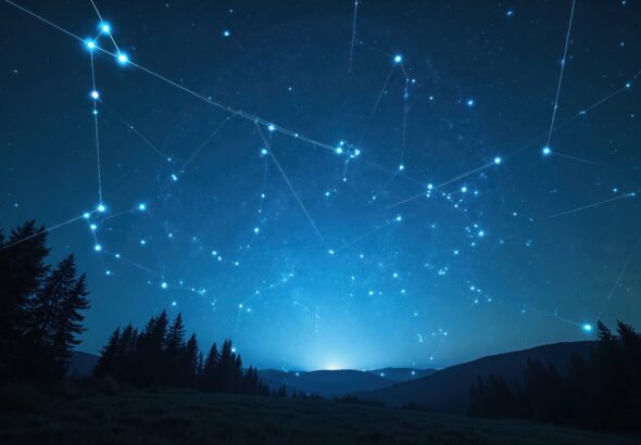 Abstract night sky with bright constellations and glowing lines over dark forest hills. Futuristic digital map connects stars for cosmic exploration or science. Light shines on horizon.