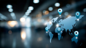 Franchise location strategy concept with global map and store icons visualization showing international business expansion planning franchise network development investment