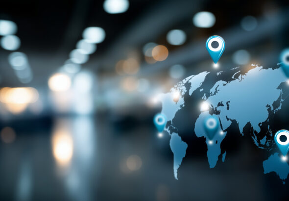 Franchise location strategy concept with global map and store icons visualization showing international business expansion planning franchise network development investment