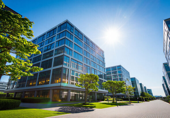 Modern office building with bright sun and green lawn, sunny day