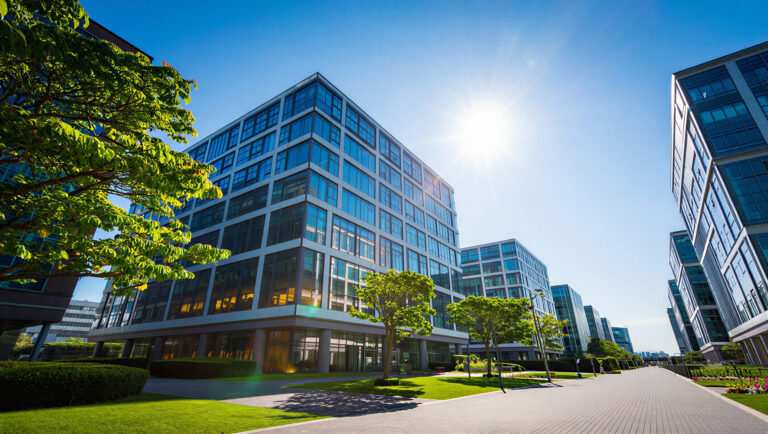 Modern office building with bright sun and green lawn, sunny day