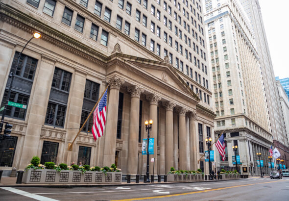 Side view of the Federal Reserve Bank of Chicago, at Lasalle street, Chicago, Illinois, US.