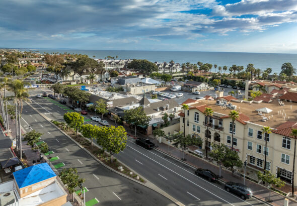 Aerial view of Carlsbad California downtown, Carlsbad boulevard with cloudy blue sky