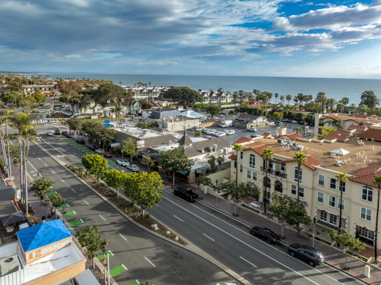 Aerial view of Carlsbad California downtown, Carlsbad boulevard with cloudy blue sky