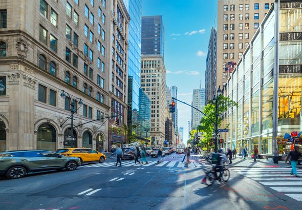 Crossroad in Midtown Manhattan on a sunny morning
